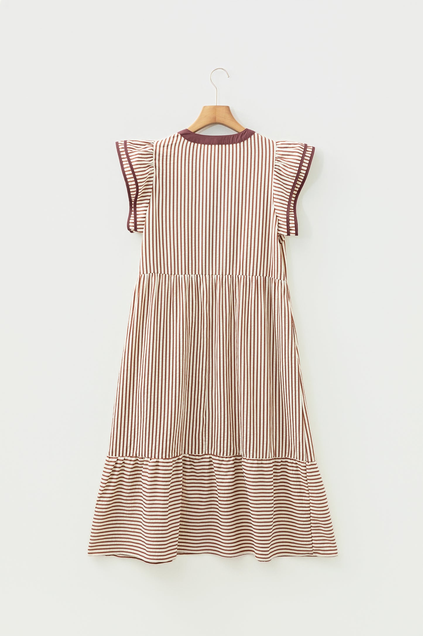 Brown Stripe Double Ruffled Midi Dress