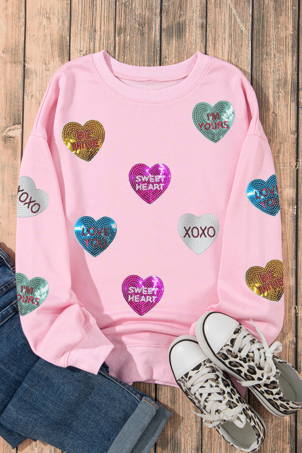 Pink Sequin Letters Heart Sweatshirt