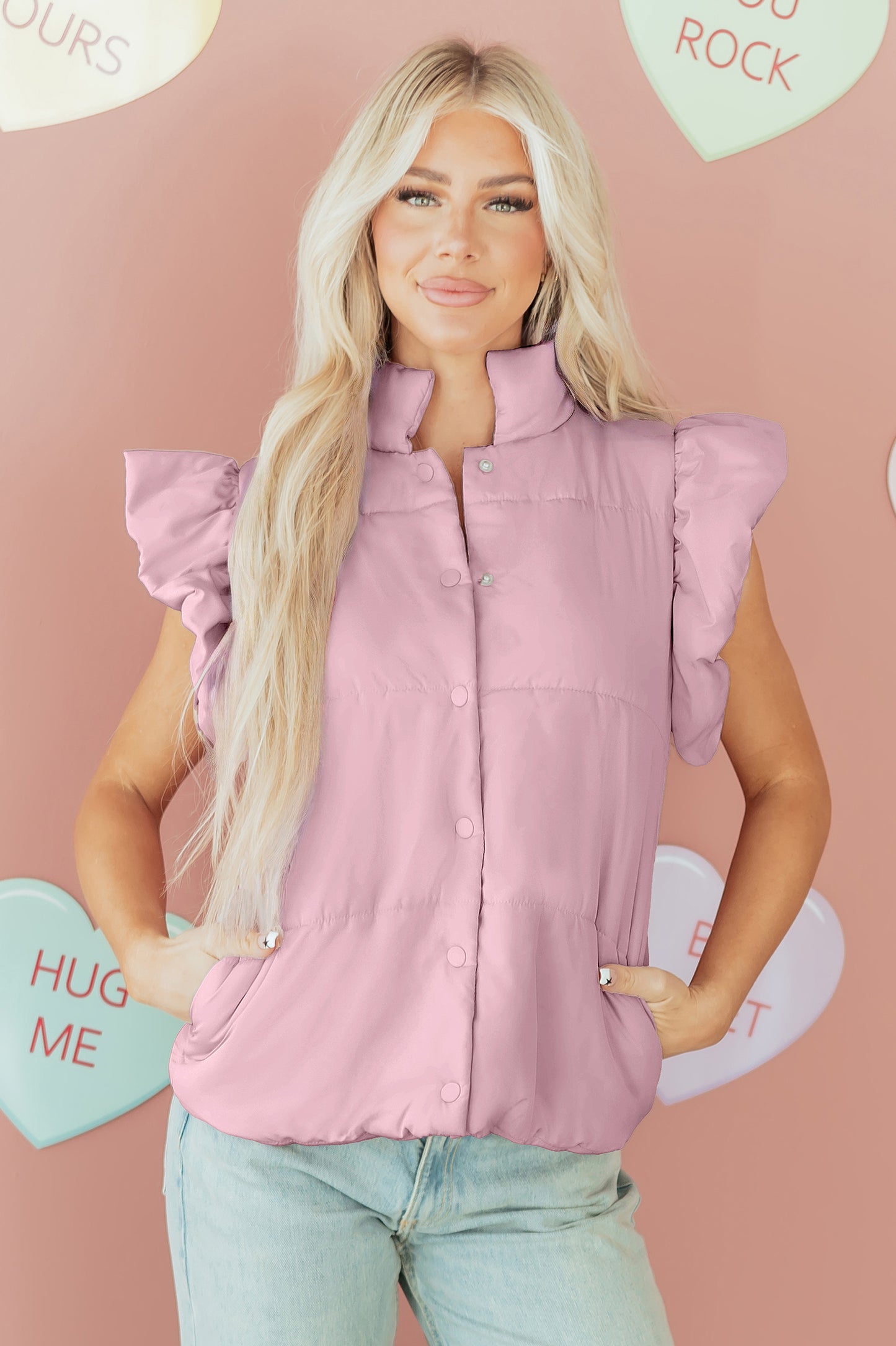 Pink Flutter Sleeve Puffer Vest