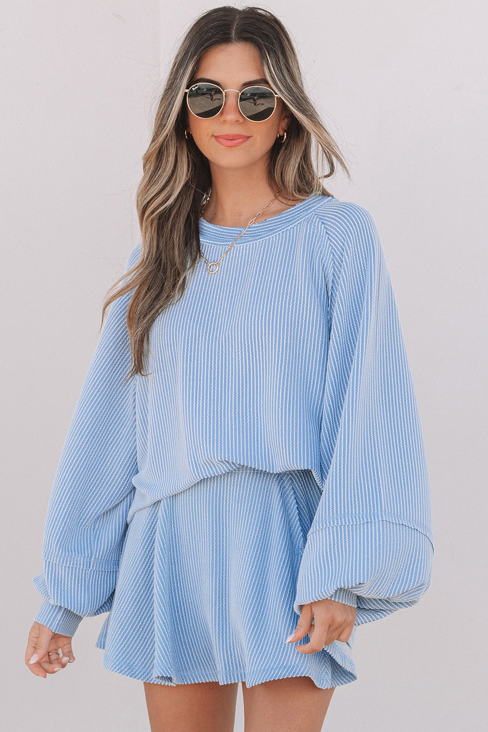 Sky Blue Corded Ruffled Set