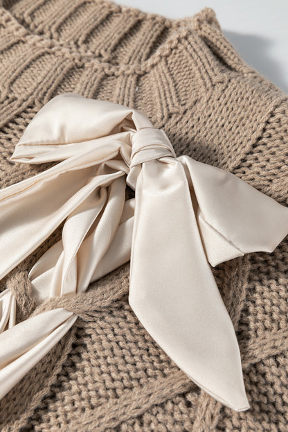 Taupe Satin Bowknot Short Sleeve Sweater