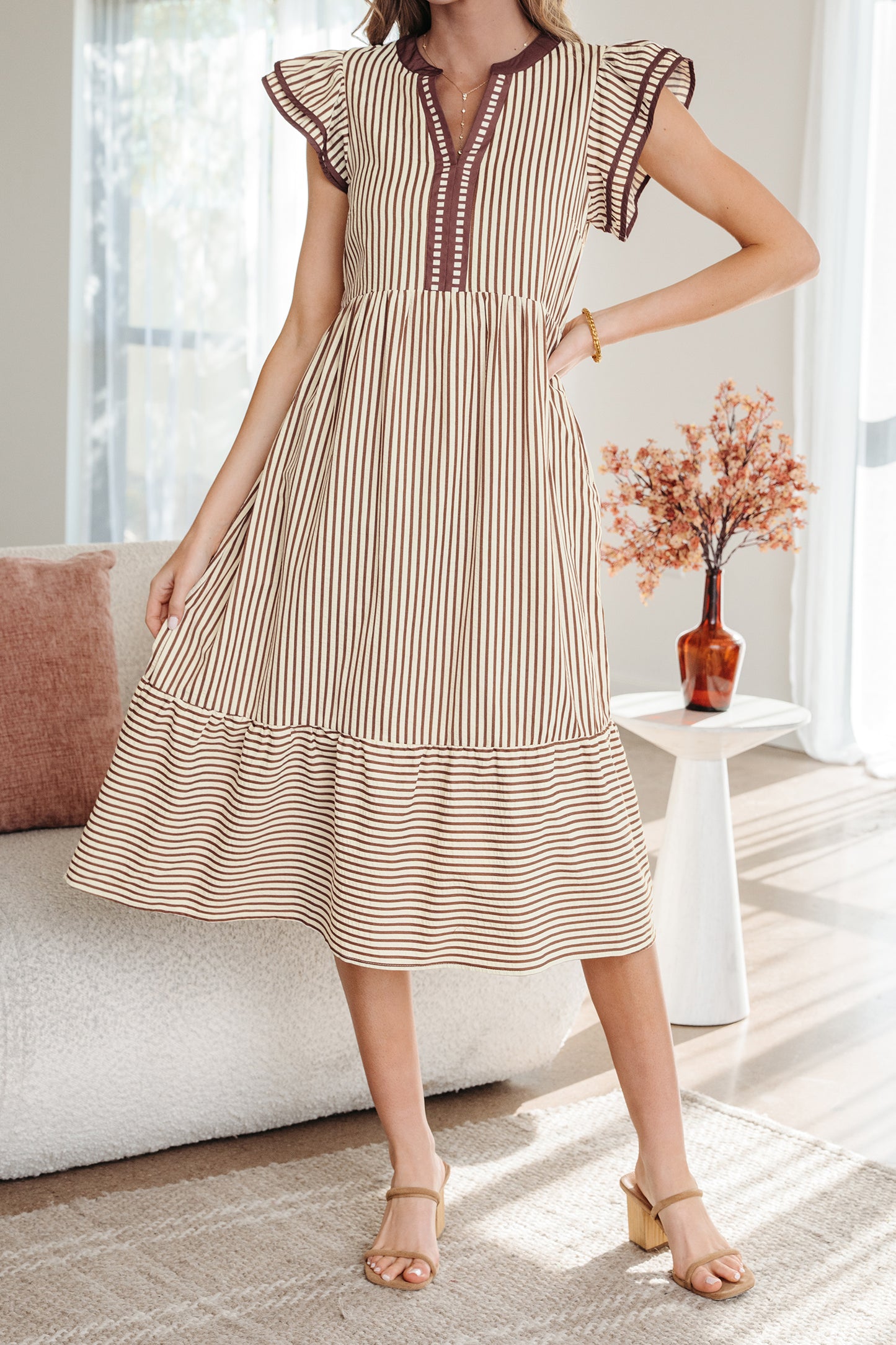 Brown Stripe Double Ruffled Midi Dress
