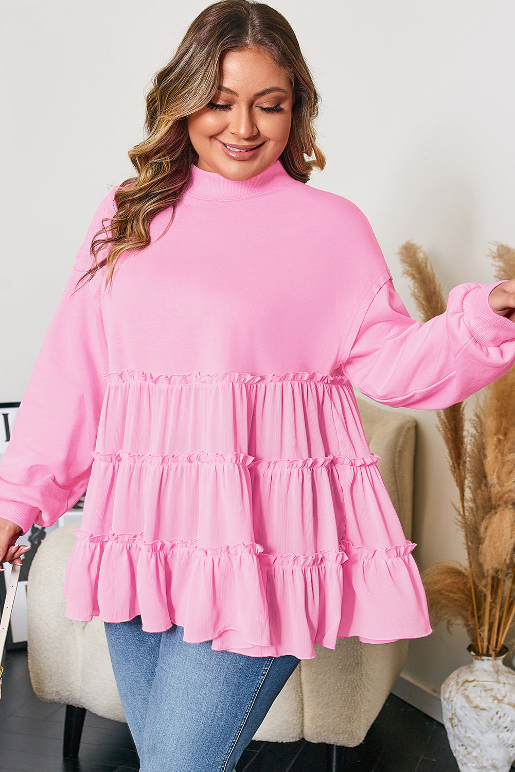 Pink Tiered Ruffle Plus Size Top