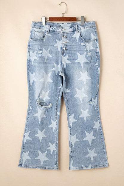 Sky Blue Star Printed Plus Size Jeans