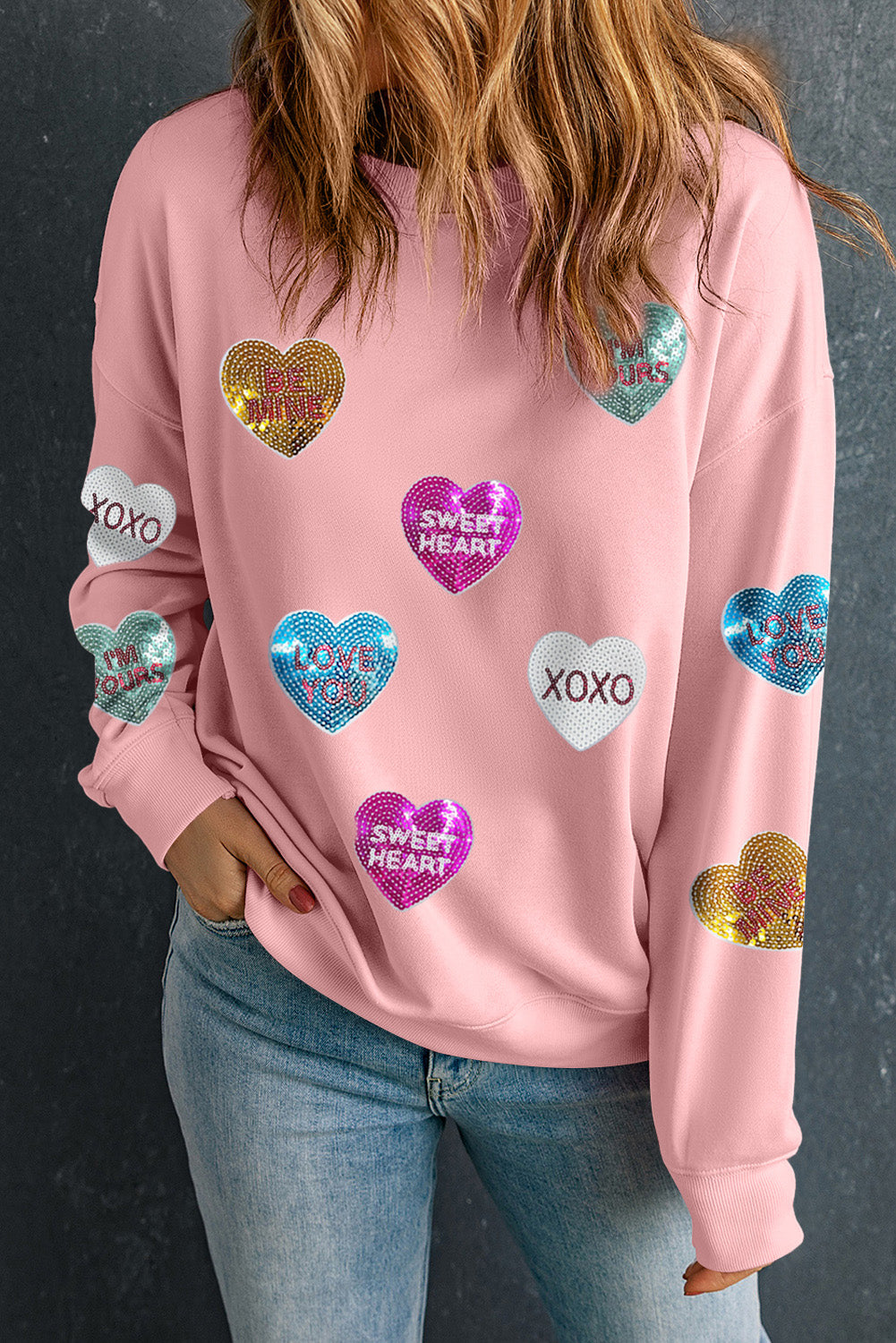 Pink Sequin Letters Heart Sweatshirt