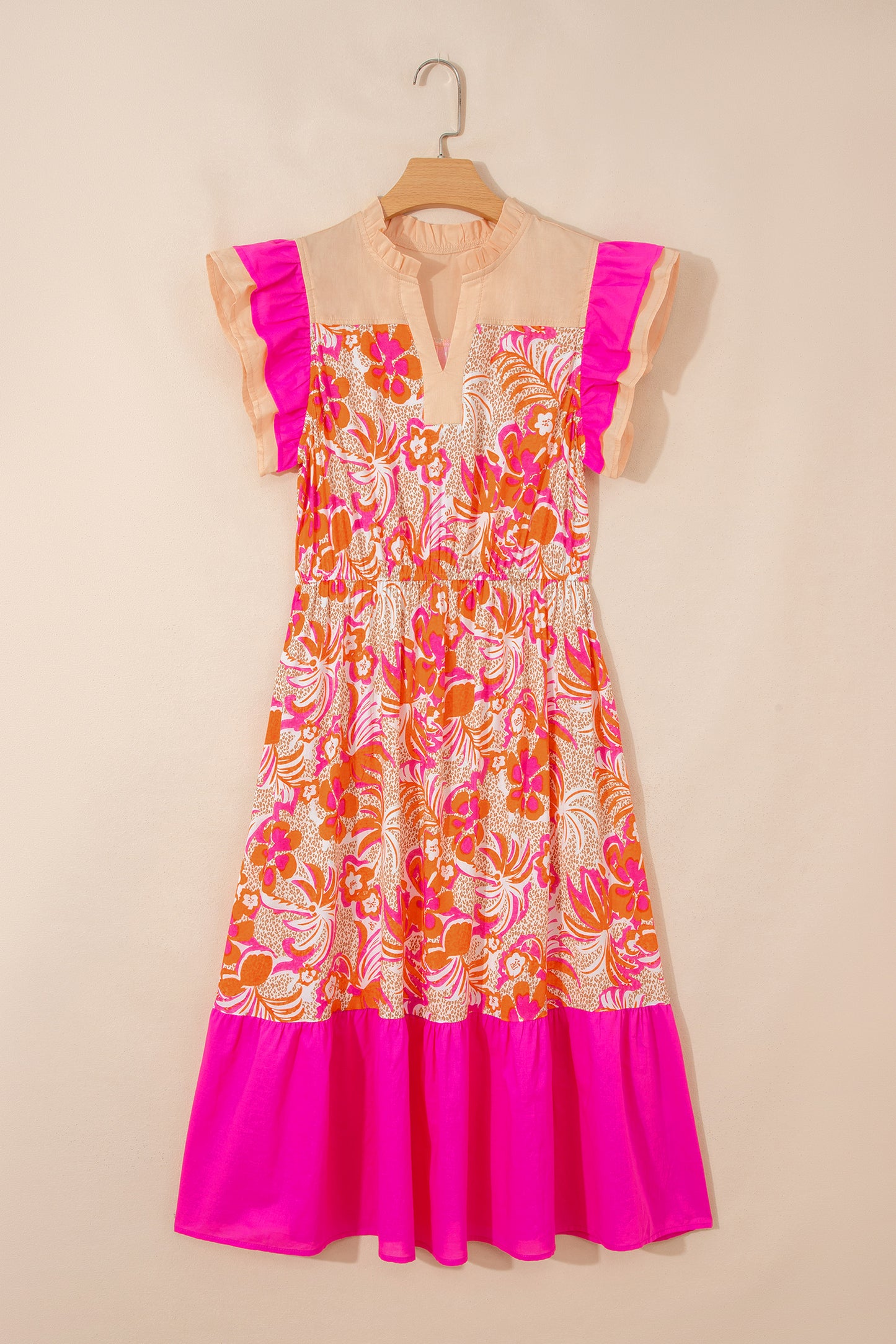 Rose Floral Print Flared Midi Dress