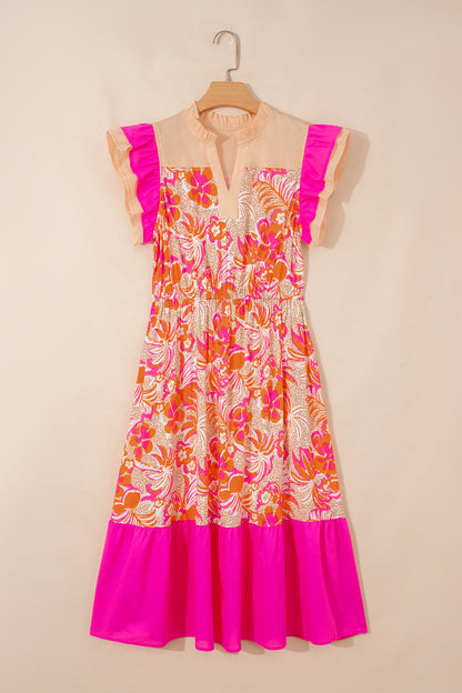 Rose Floral Print Flared Midi Dress