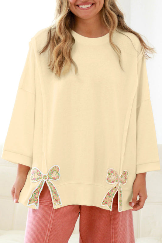 Beige Plus Size Floral Bow Pullover