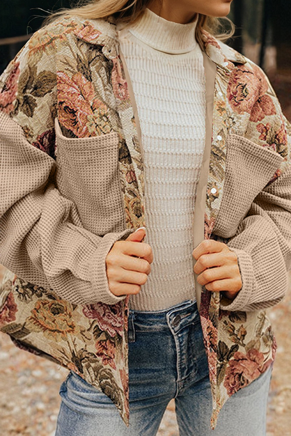 Khaki Floral Buttoned Jacket