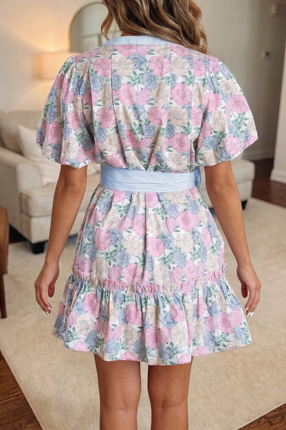 White Floral Print Striped Dress