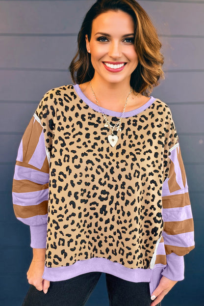 Purple Leopard Striped Plus Size Sweatshirt