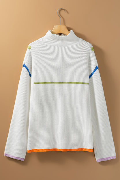 White Colorful Edge Quarter Zip Sweater