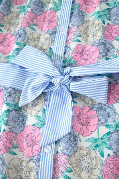 White Floral Print Striped Dress