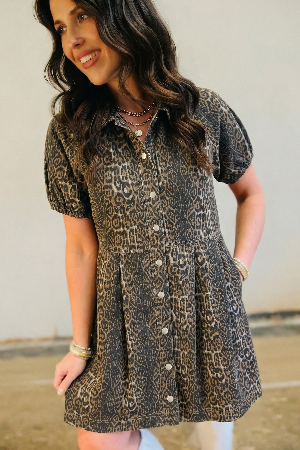 Gray Leopard Print Short Sleeve Pleated Denim Mini Dress