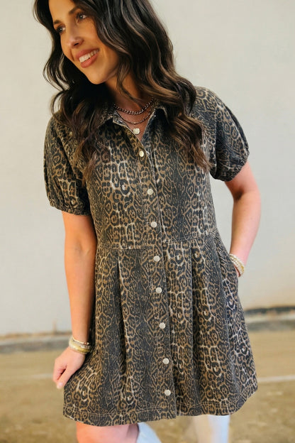 Gray Leopard Print Short Sleeve Pleated Denim Mini Dress