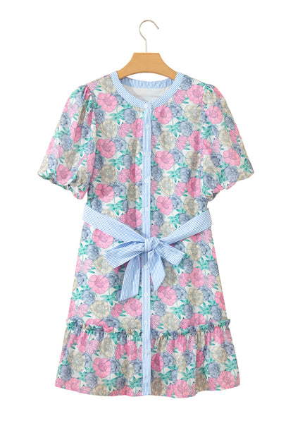 White Floral Print Striped Dress