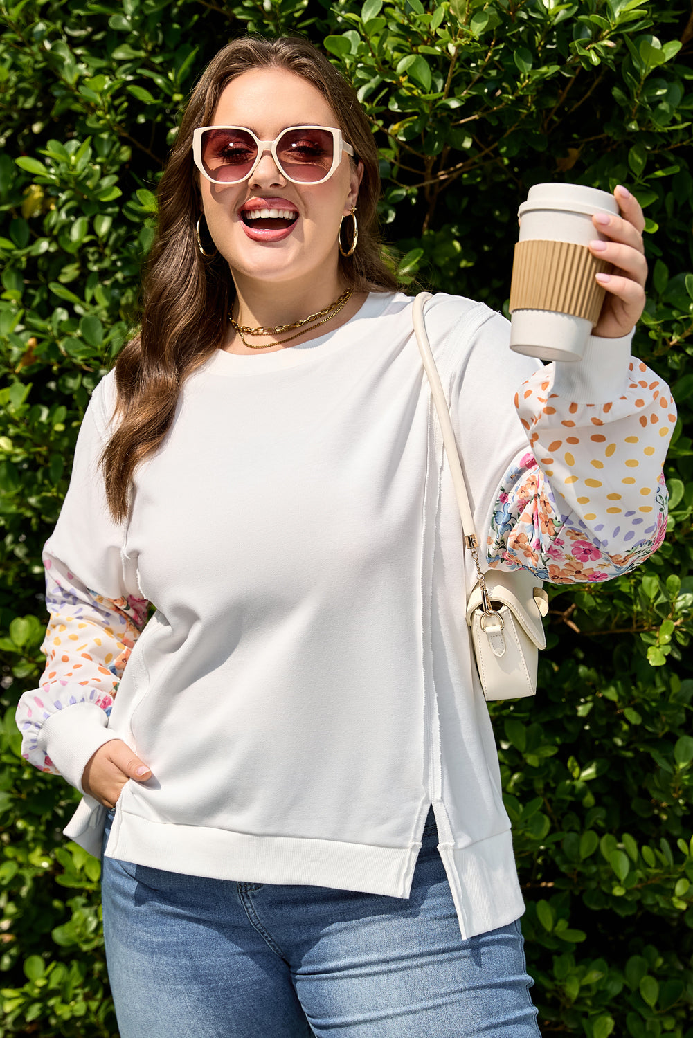White Plus Size Floral Patchwork Sweatshirt