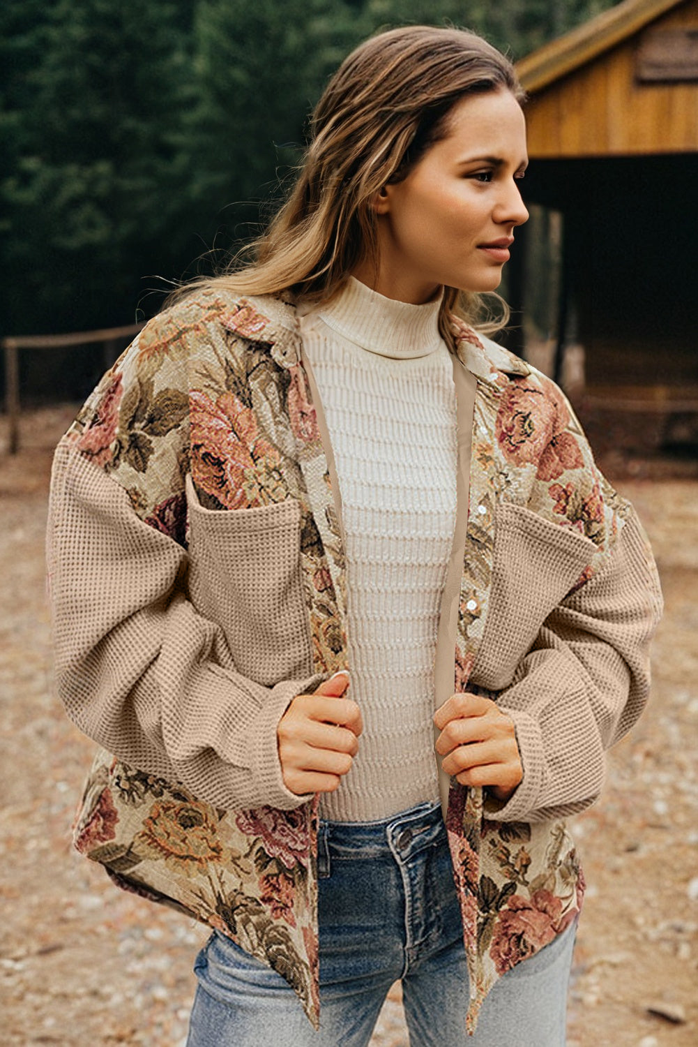 Khaki Floral Buttoned Jacket