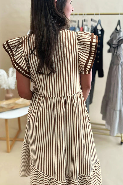 Brown Stripe Double Ruffled Midi Dress