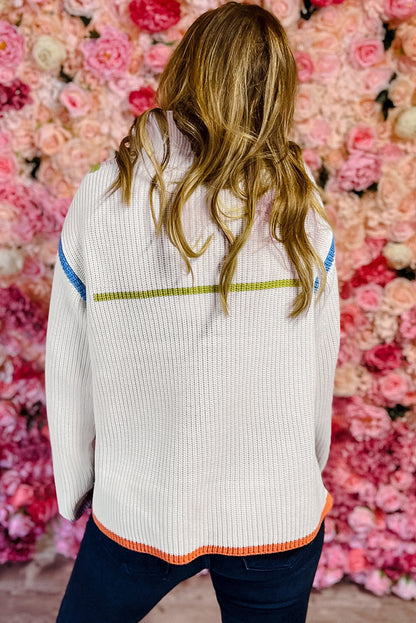 White Colorful Edge Quarter Zip Sweater