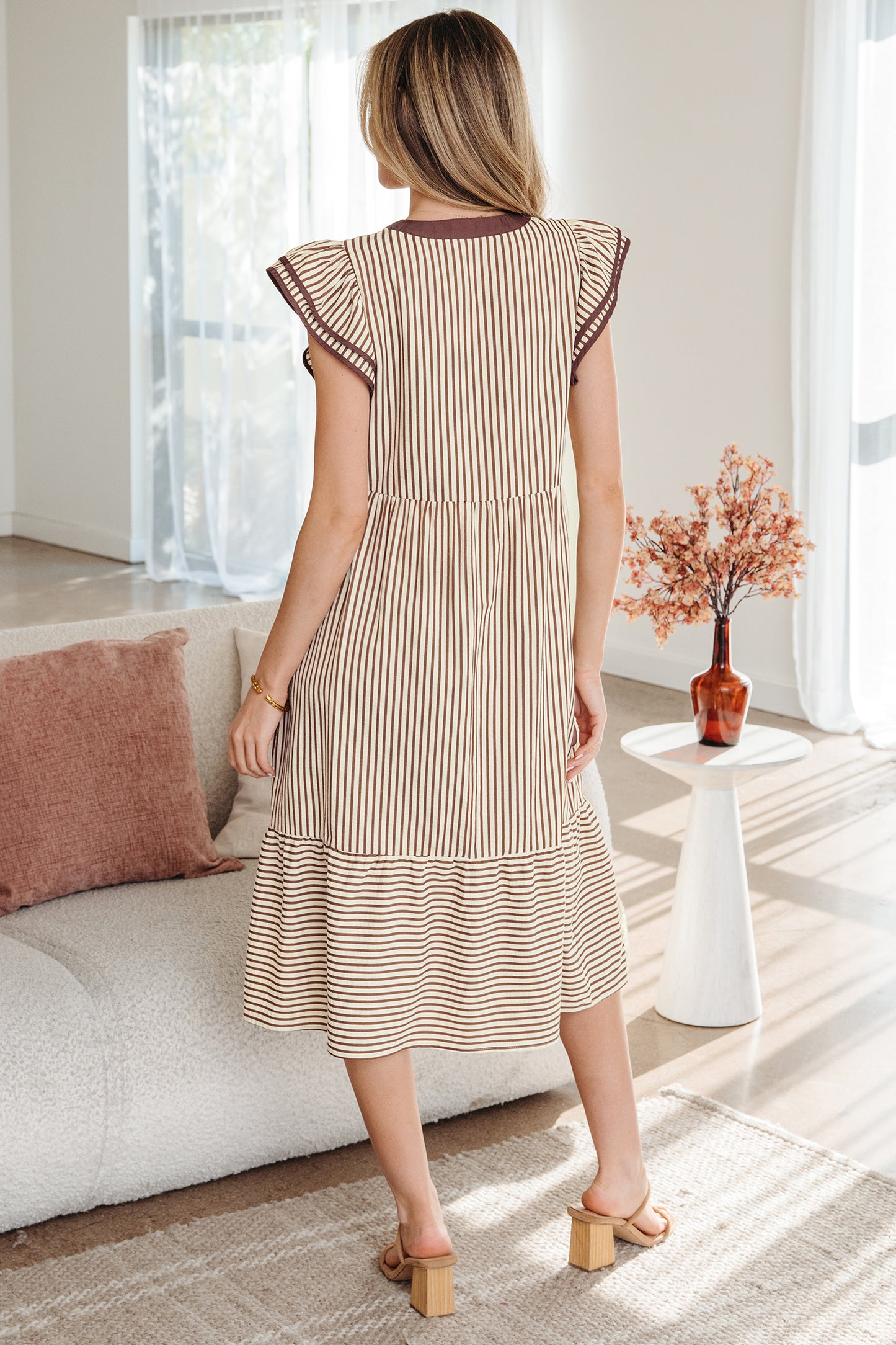 Brown Stripe Double Ruffled Midi Dress