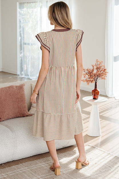 Brown Stripe Double Ruffled Midi Dress