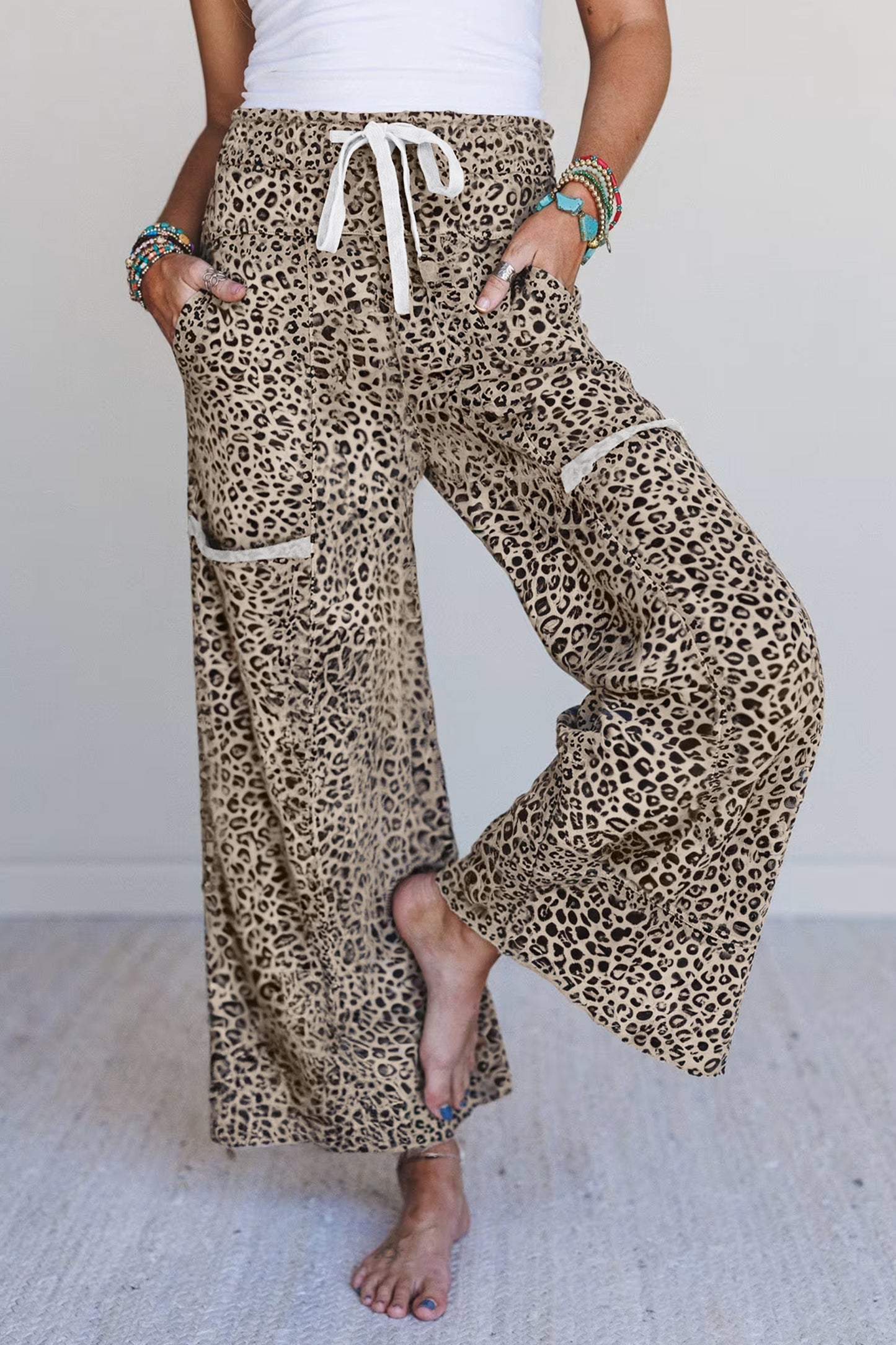Khaki Animal Print Wide Knit Pants