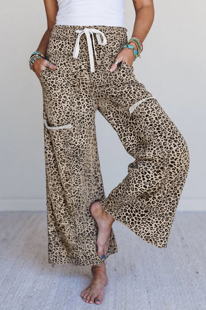 Khaki Animal Print Wide Knit Pants