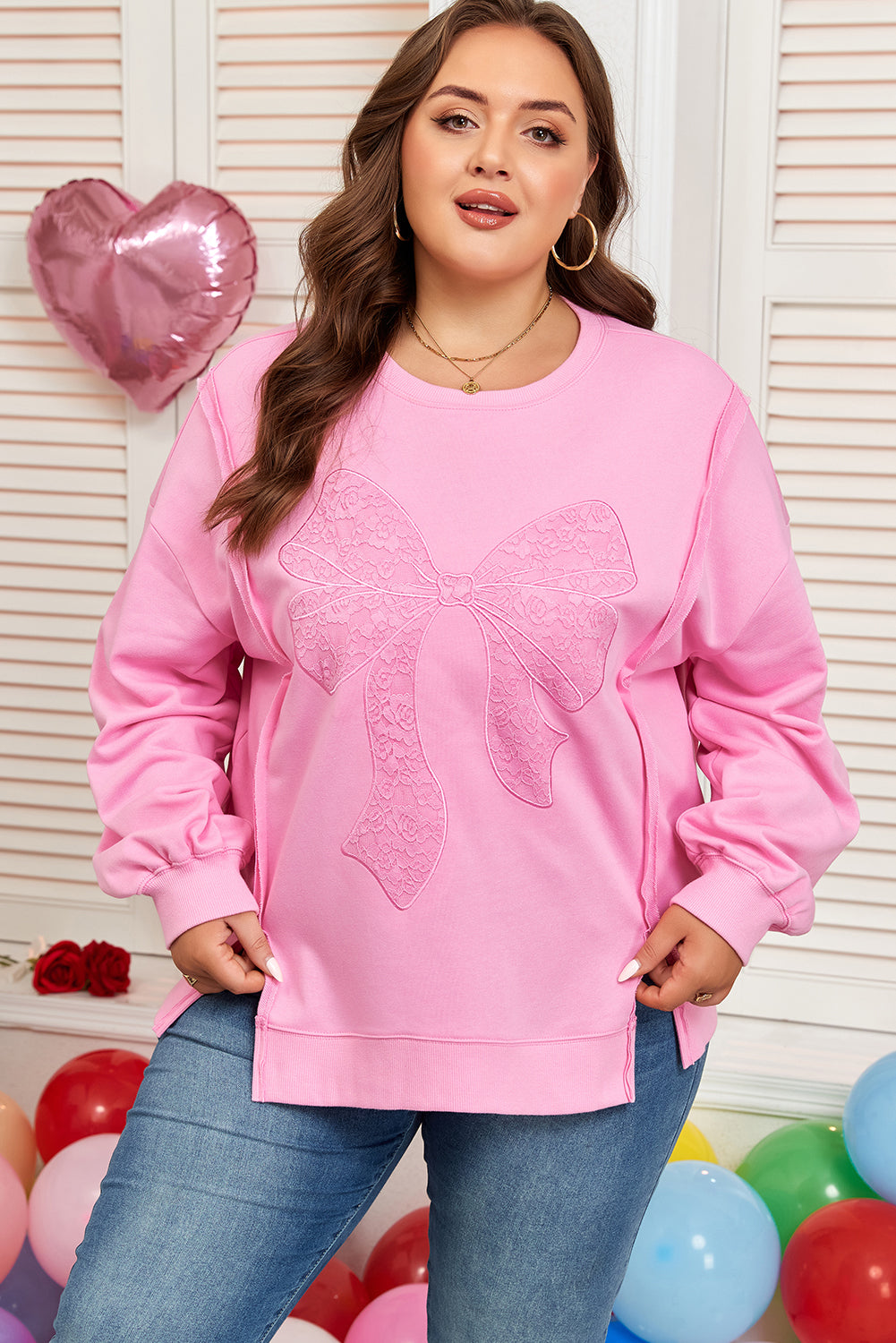 Pink Big Bow Lace Plus Size Sweatshirt