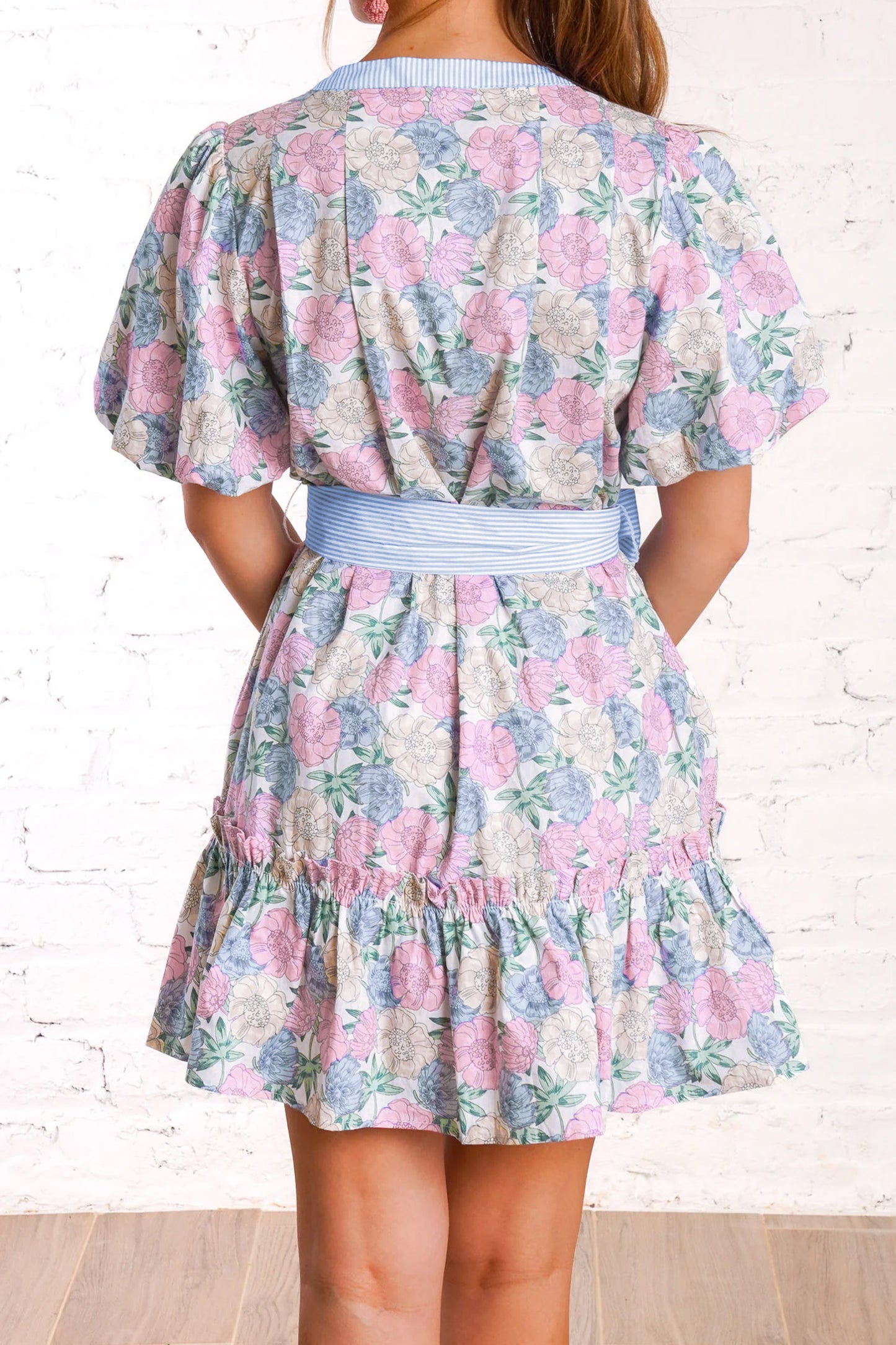 White Floral Print Striped Dress