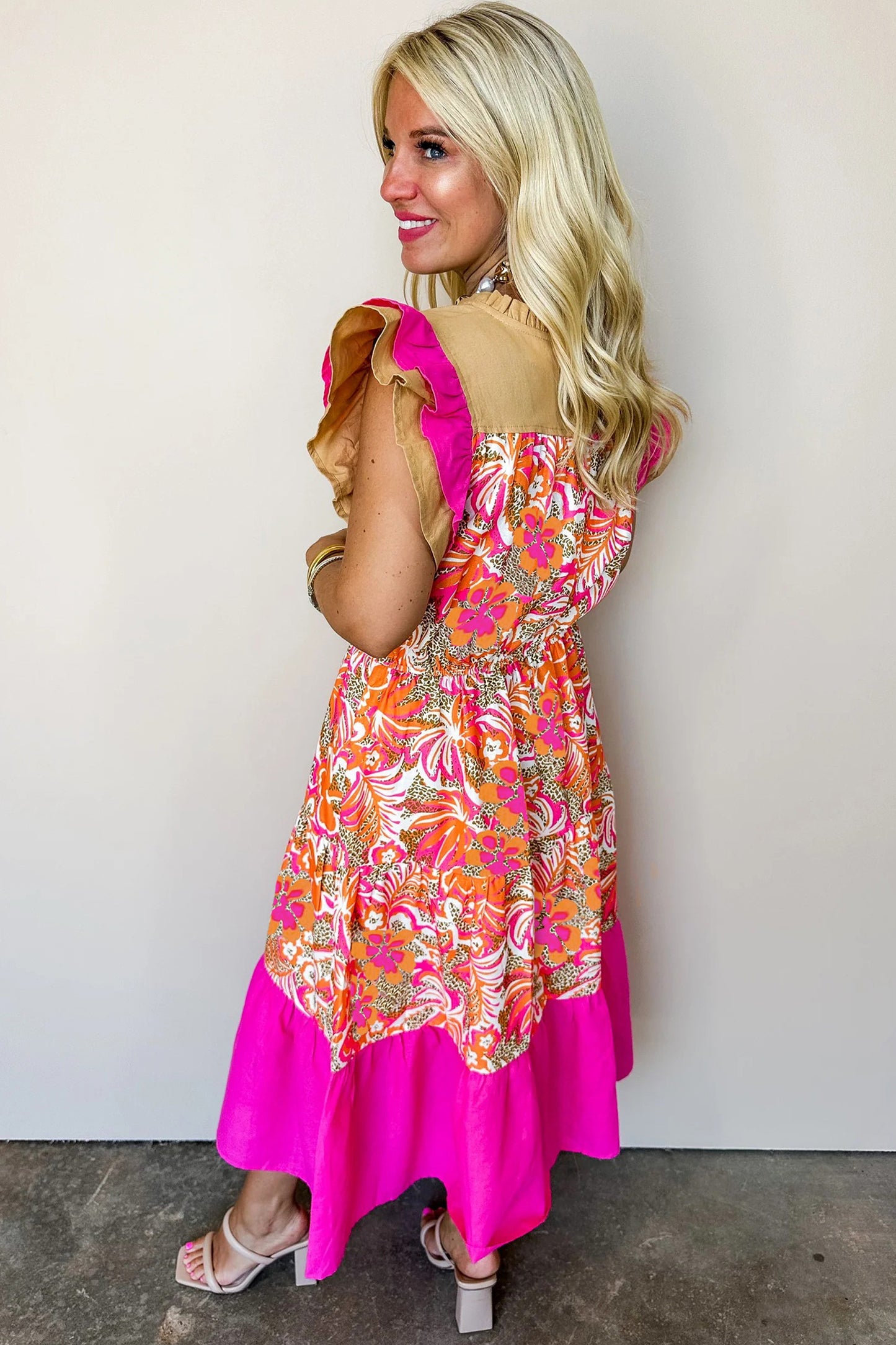 Rose Floral Print Flared Midi Dress