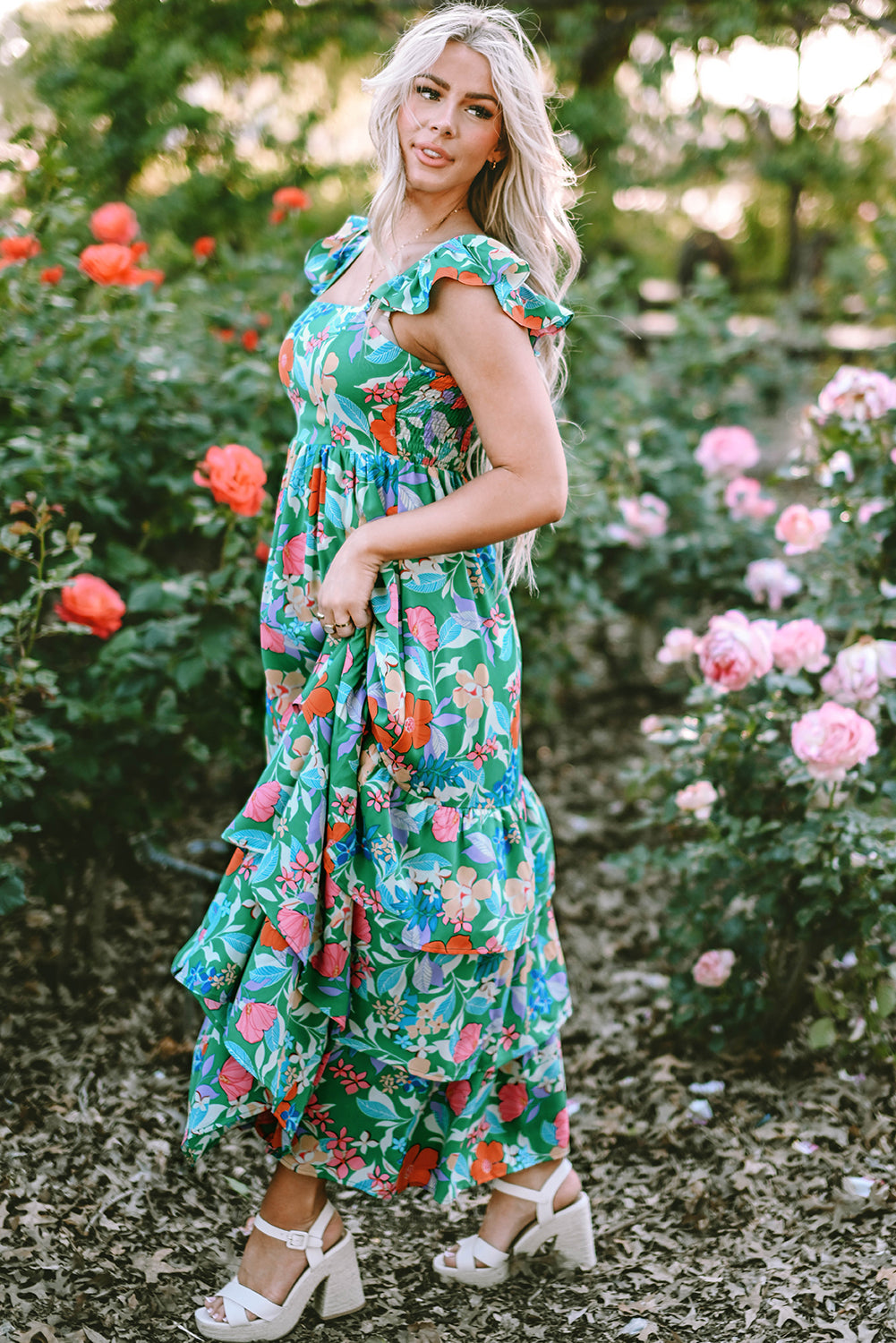 Green Floral Ruffle Tiered Maxi Dress