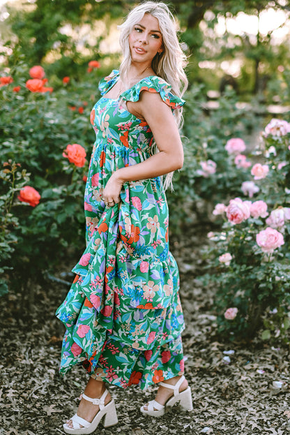 Green Floral Ruffle Tiered Maxi Dress
