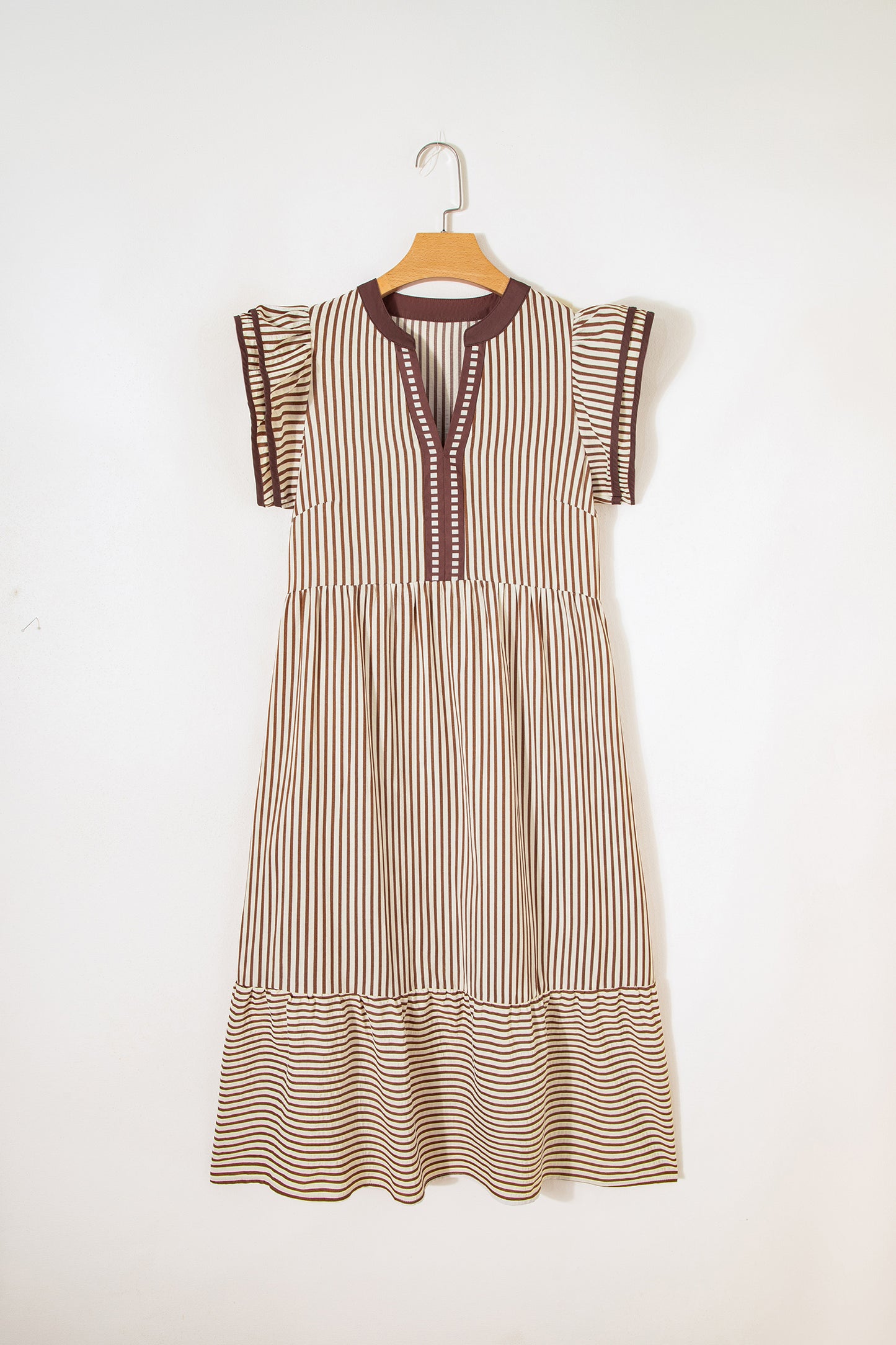 Brown Stripe Double Ruffled Midi Dress