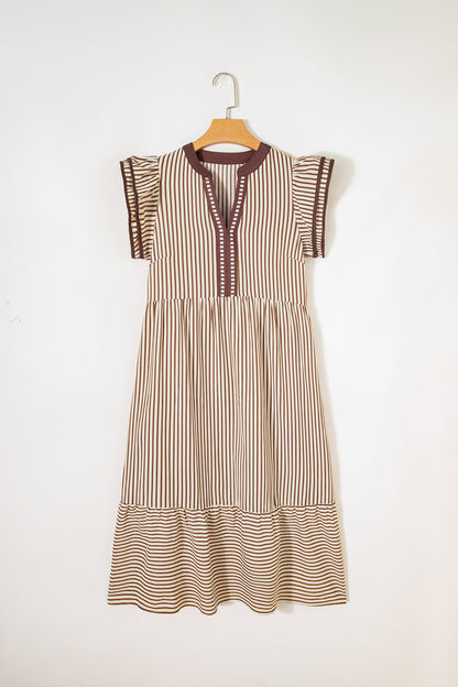 Brown Stripe Double Ruffled Midi Dress