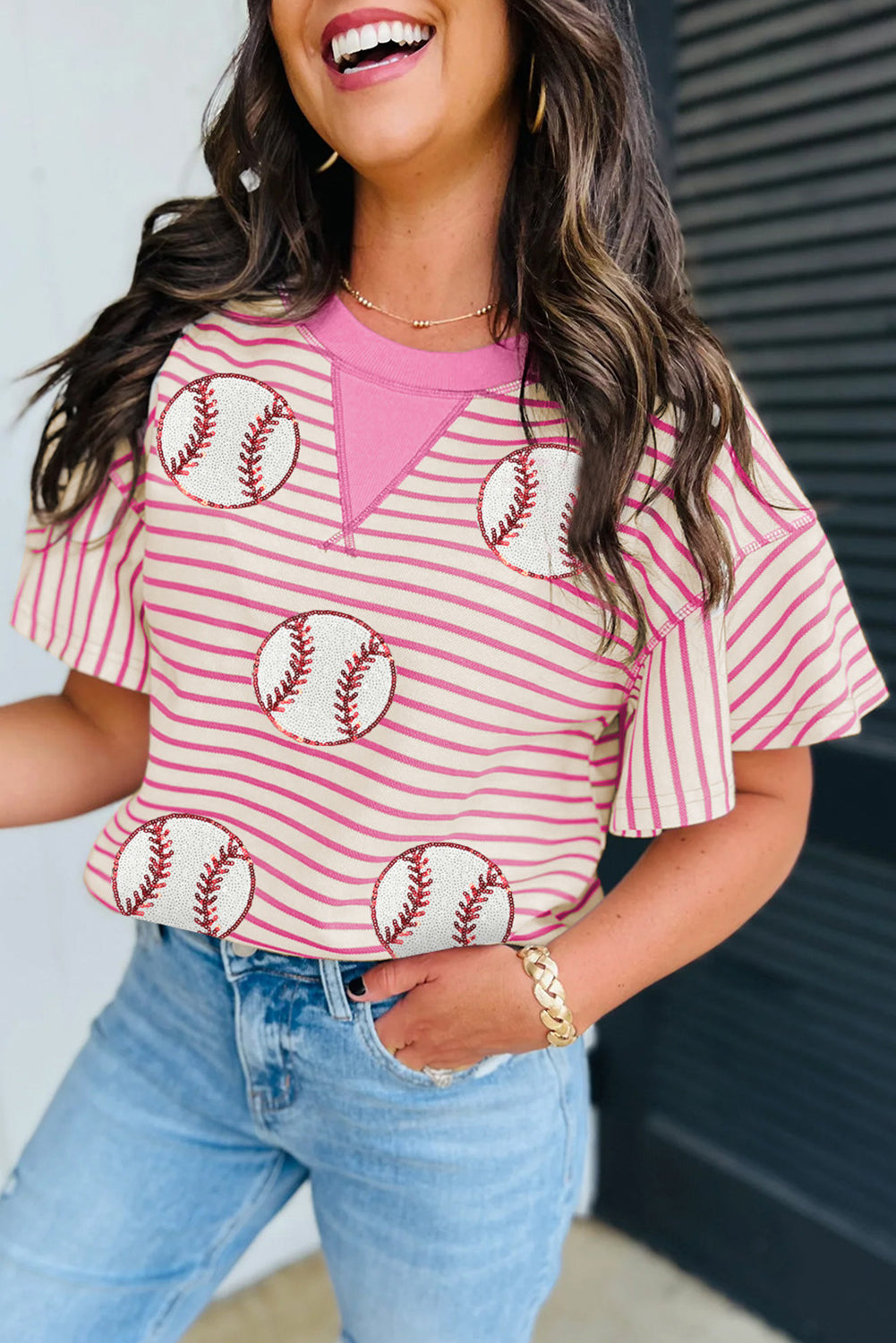 Baseball Pattern Striped Top