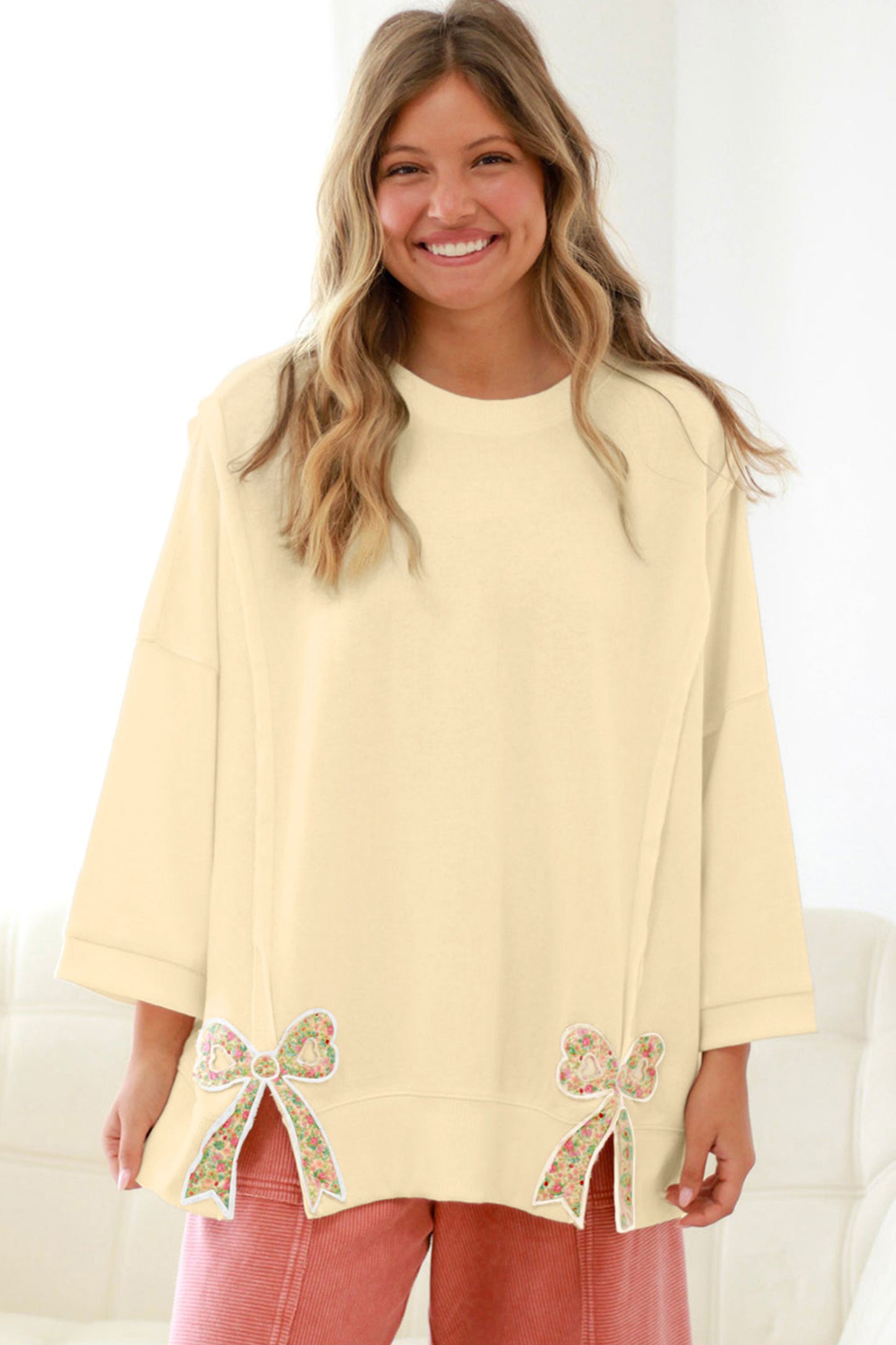 Beige Plus Size Floral Bow Pullover