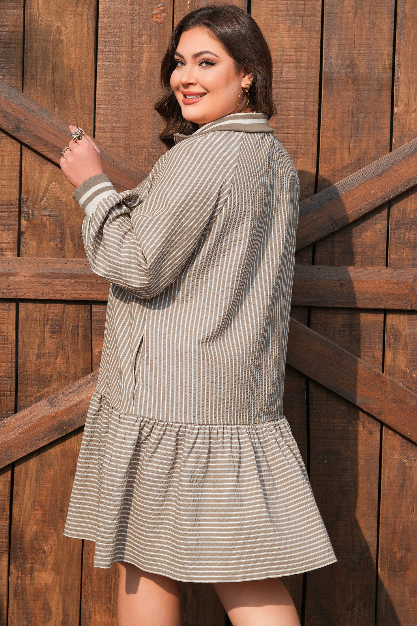 Khaki Stripe Plus Size Mini Dress