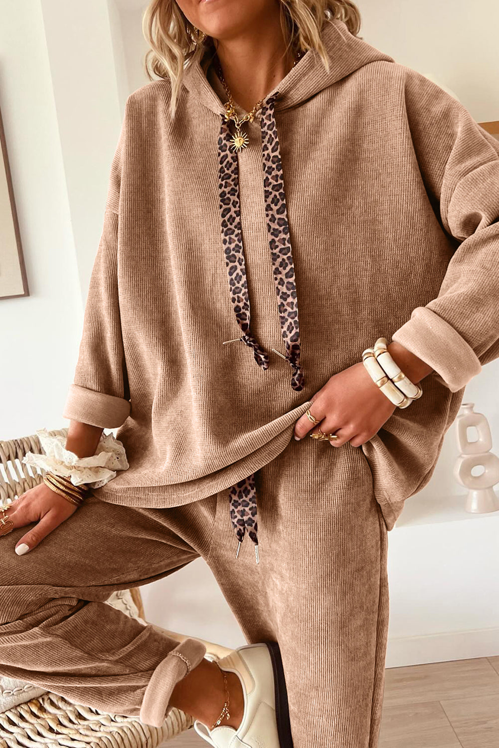 Dark Khaki Leopard Corduroy Set