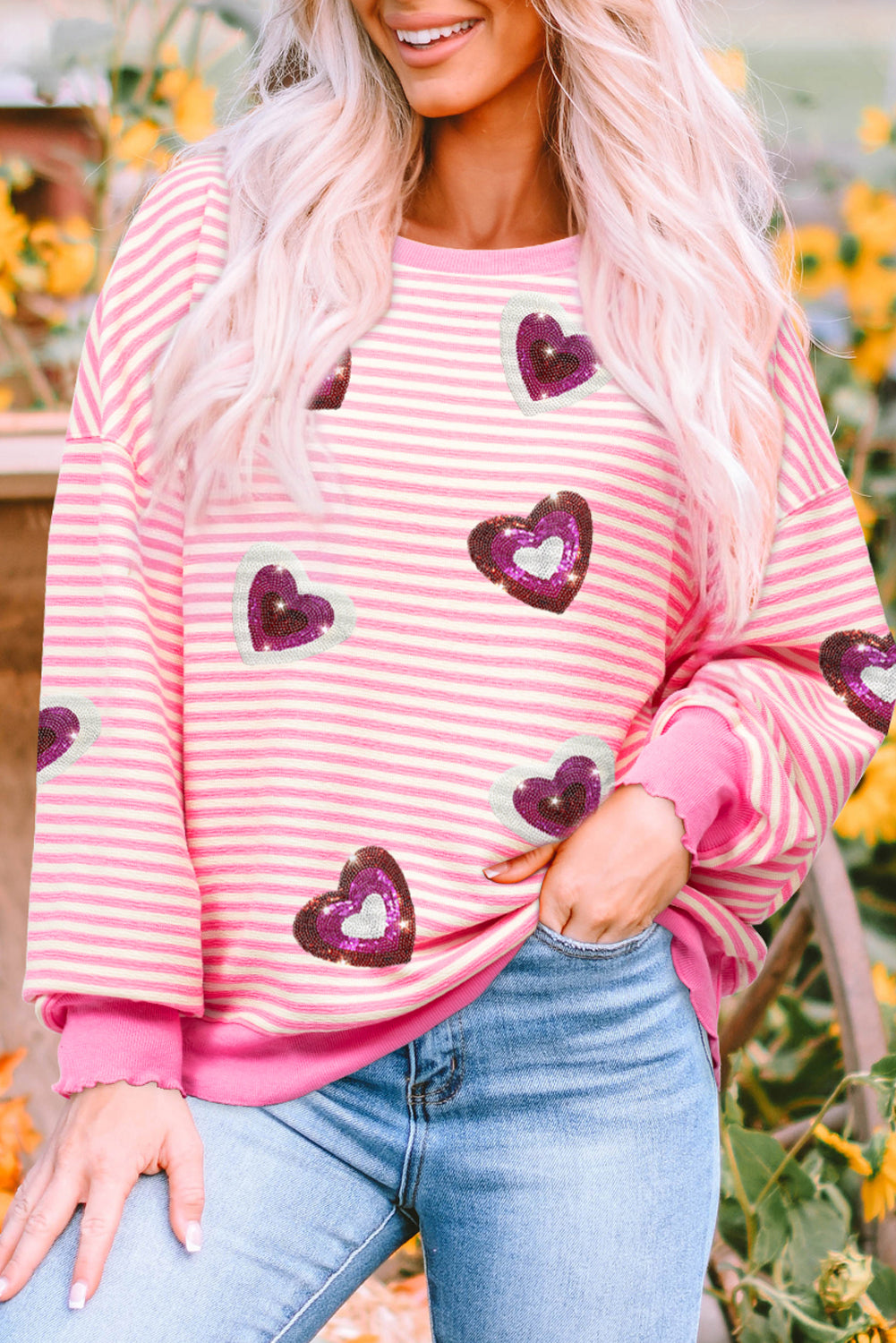 Pink Stripe Sequin Heart Sweater