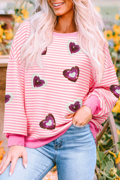 Pink Stripe Sequin Heart Sweater
