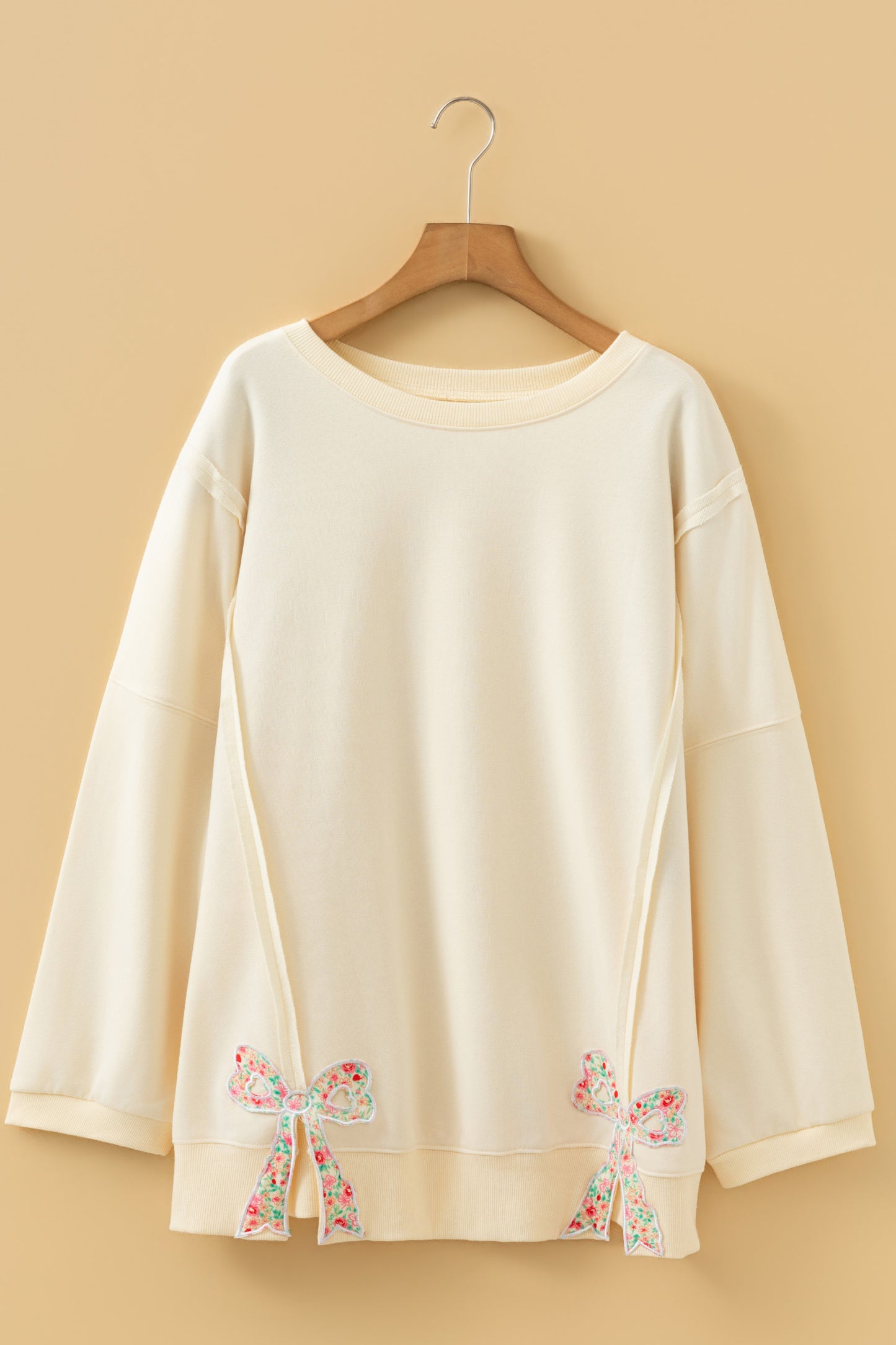 Beige Plus Size Floral Bow Pullover