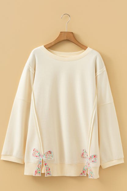 Beige Plus Size Floral Bow Pullover