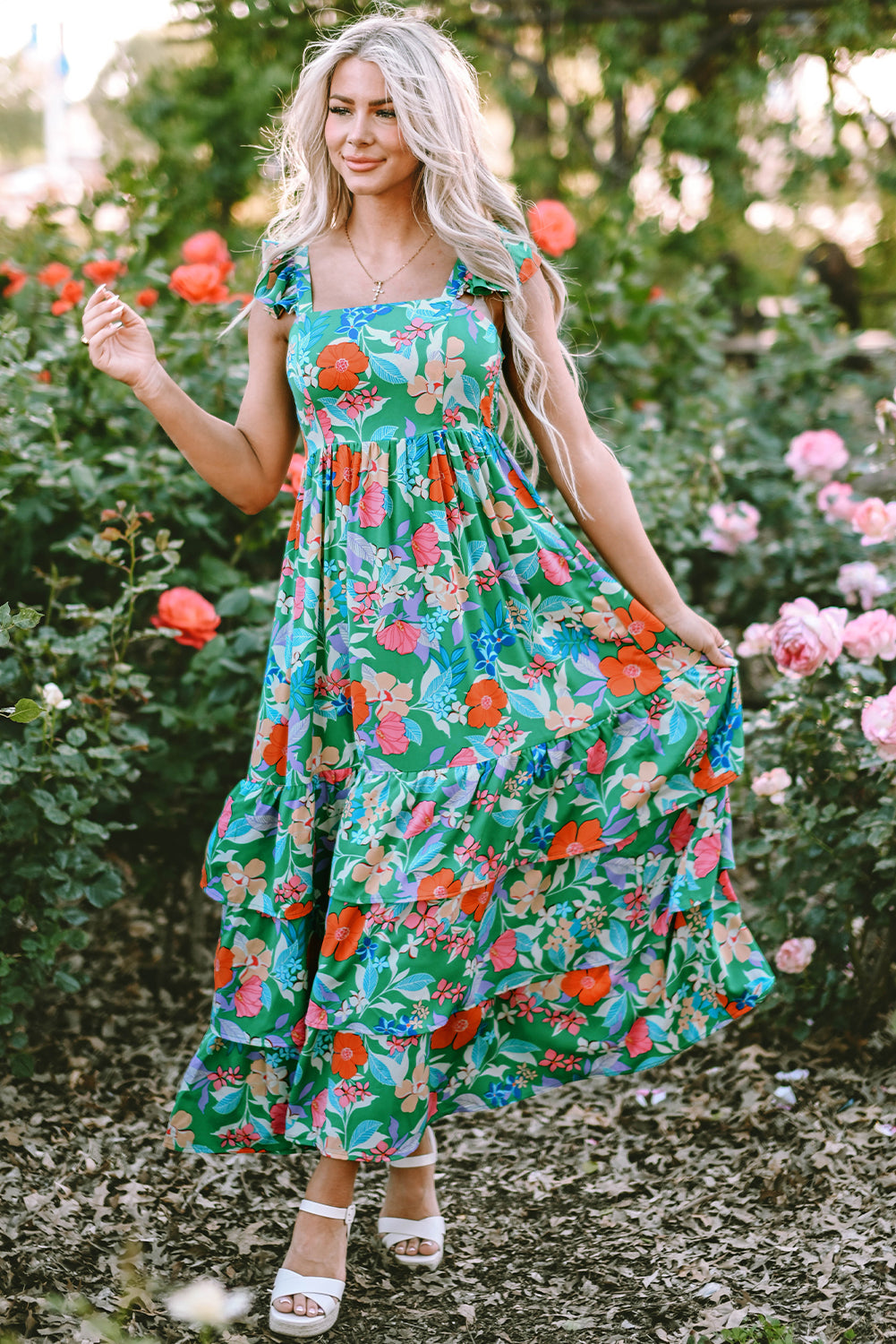 Green Floral Ruffle Tiered Maxi Dress