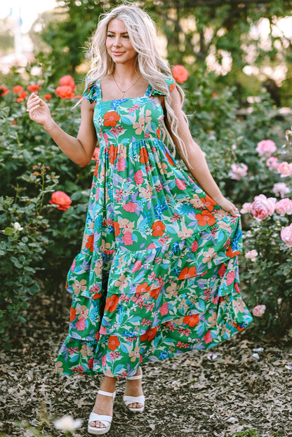 Green Floral Ruffle Tiered Maxi Dress