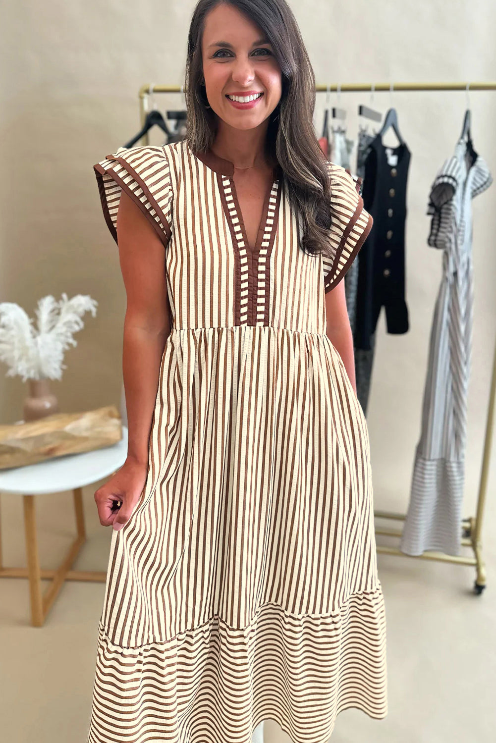 Brown Stripe Double Ruffled Midi Dress