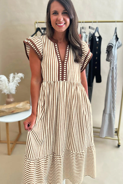 Brown Stripe Double Ruffled Midi Dress