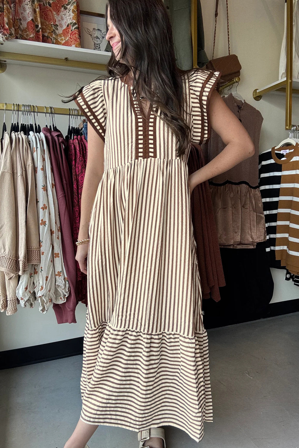 Brown Stripe Double Ruffled Midi Dress