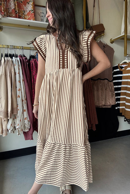 Brown Stripe Double Ruffled Midi Dress