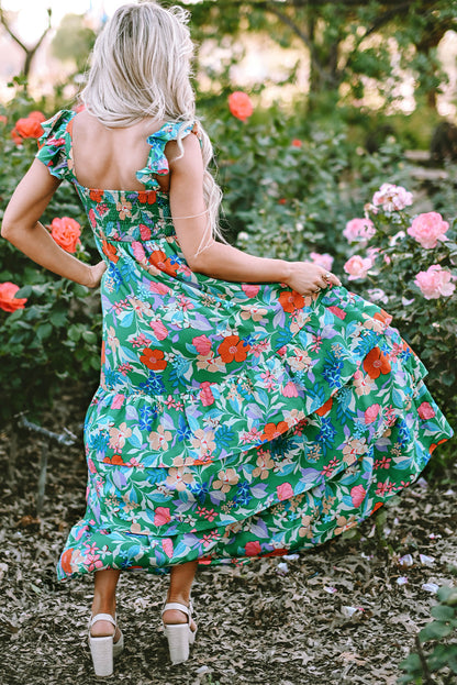 Green Floral Ruffle Tiered Maxi Dress